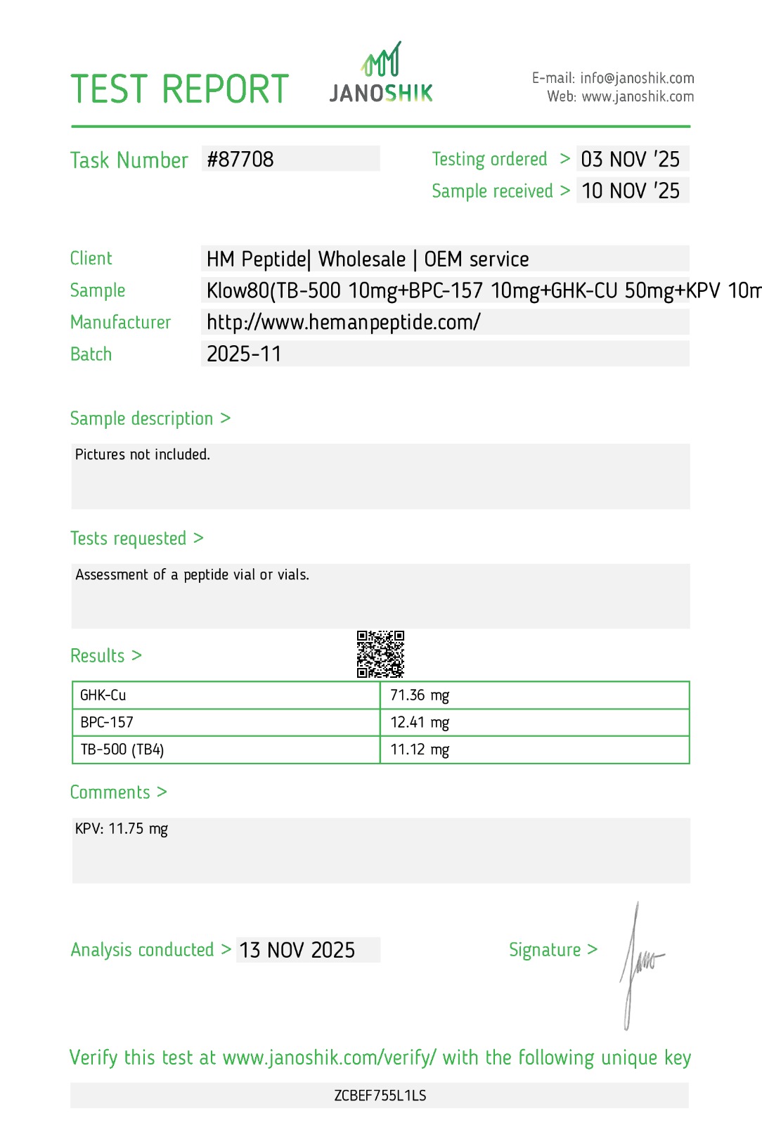 Janoshik Certificate of Analysis for the KLOW peptide blend