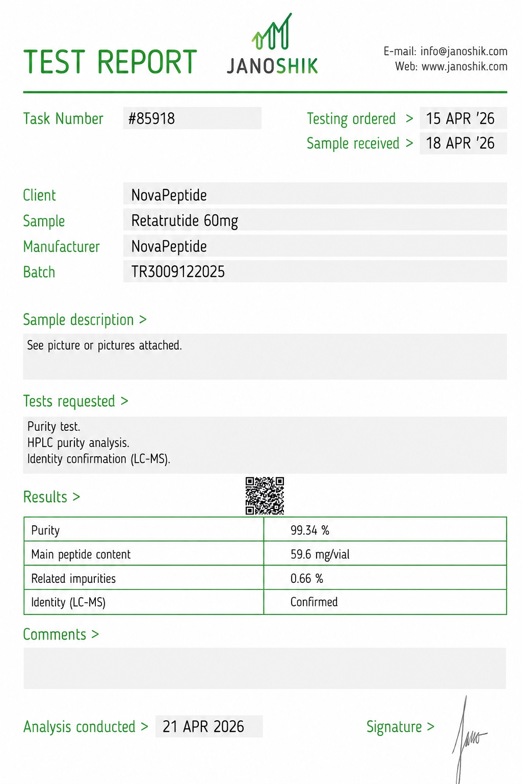 Janoshik Certificate of Analysis for RT60 Retatrutide, 99.34% purity