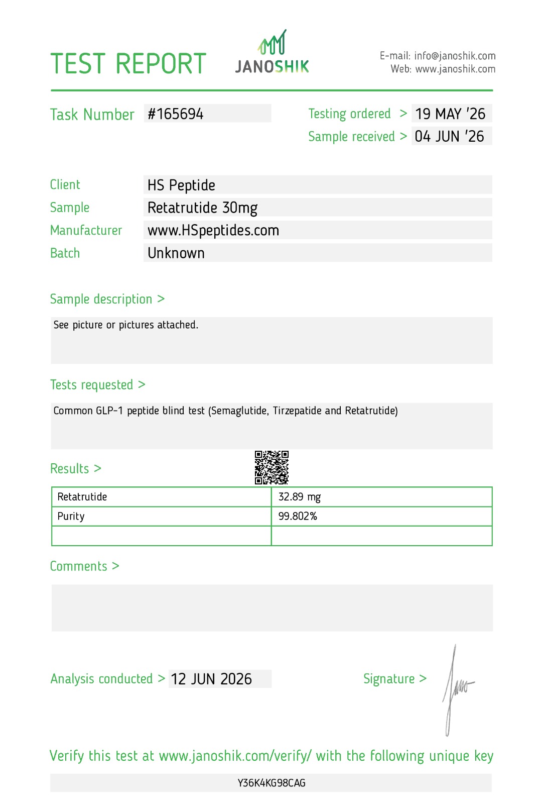 Janoshik Certificate of Analysis for NovaPeptides Retatrutide, 99.8% purity