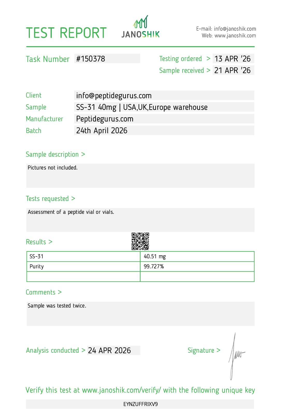 Janoshik Certificate of Analysis for NovaPeptides SS-31, 99.7% purity