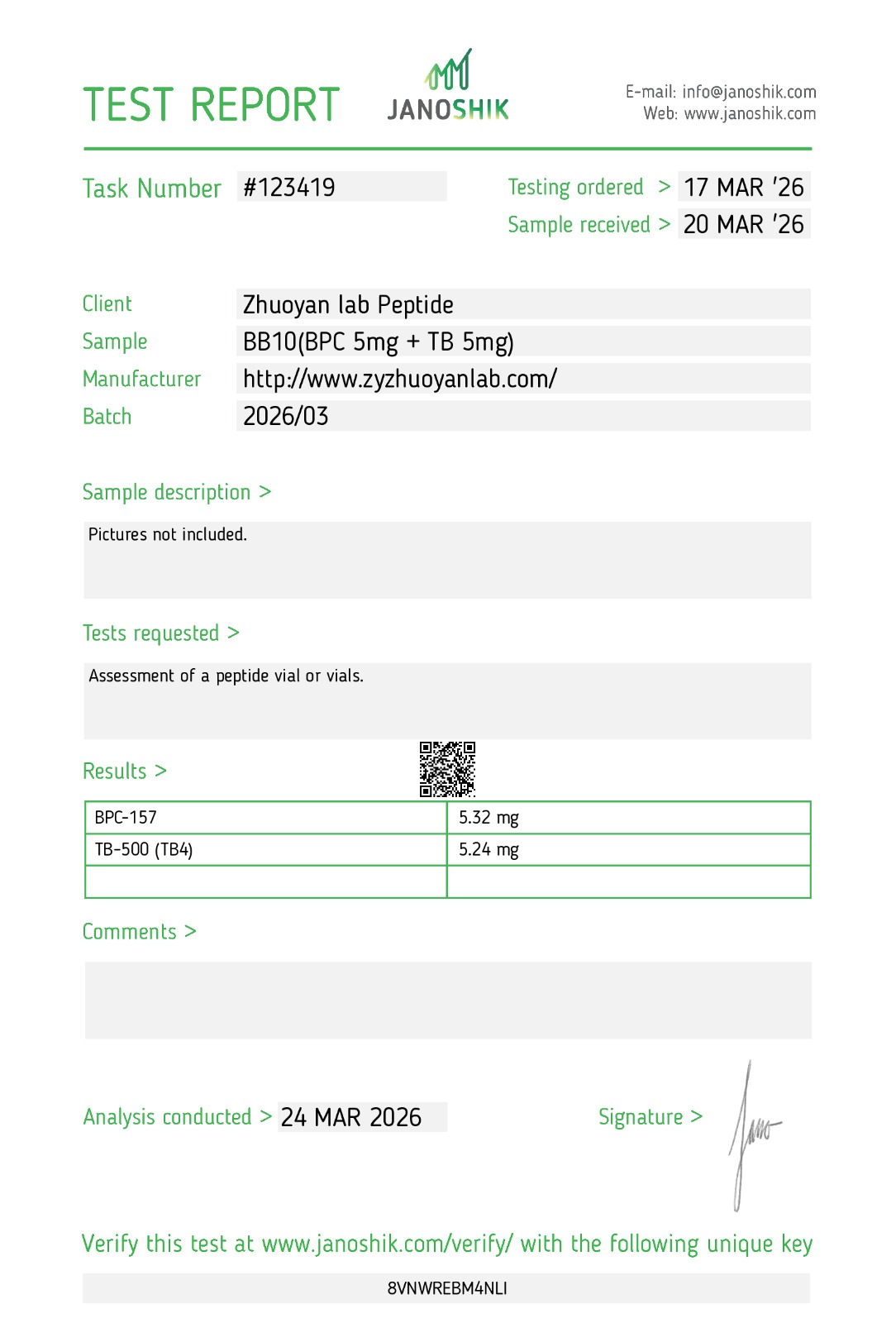 Janoshik Certificate of Analysis for the Wolverine Stack, BPC-157 and TB-500