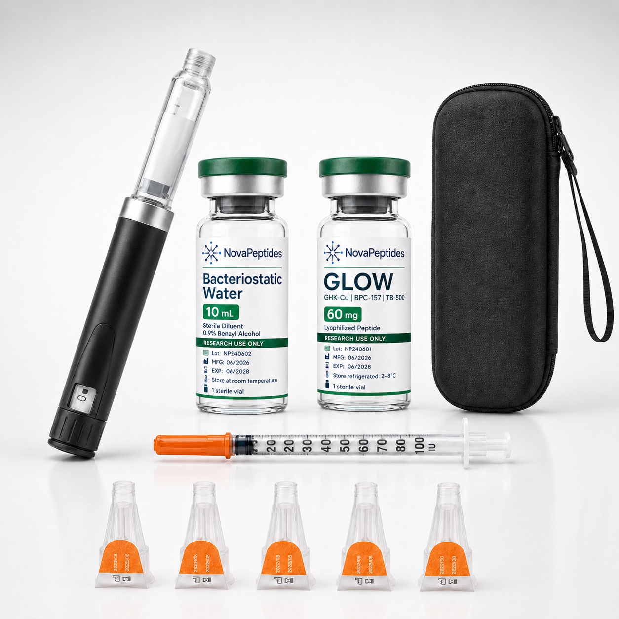 GLOW kit with GHK-Cu, BPC-157 and TB-500: aluminium pen, bacteriostatic water, GLOW 60mg vial, needle heads, syringe and thermal case