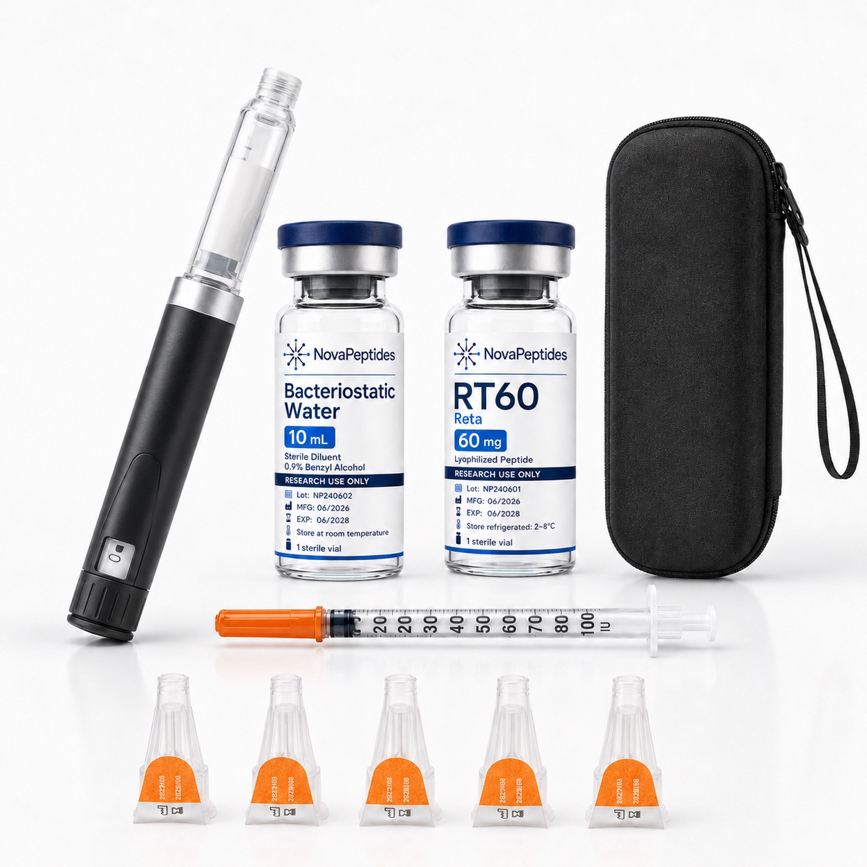 RT60 Retatrutide kit: aluminium pen, bacteriostatic water, RT60 60mg vial, needle heads, syringe and thermal case