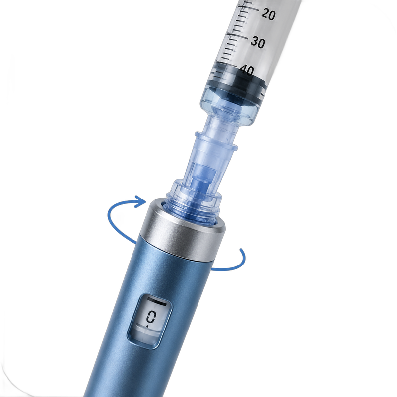 Load the pen: twisting a fresh needle head onto the aluminium peptide pen