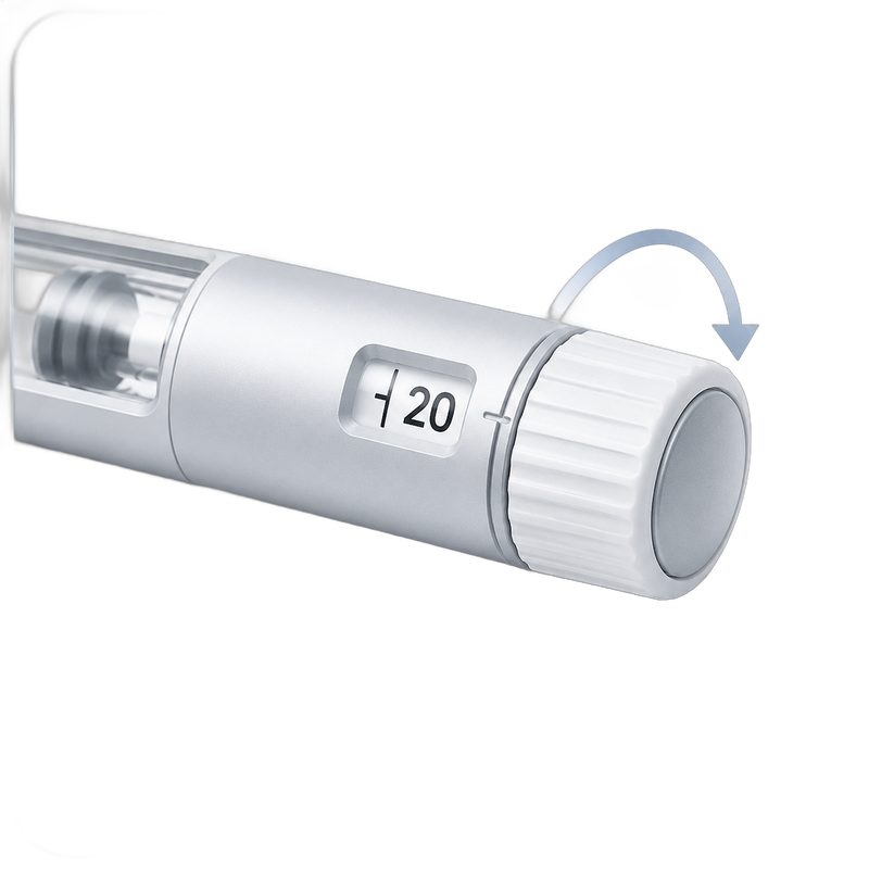 Dose and store: dialling the dose on the pen, then refrigerating the kit